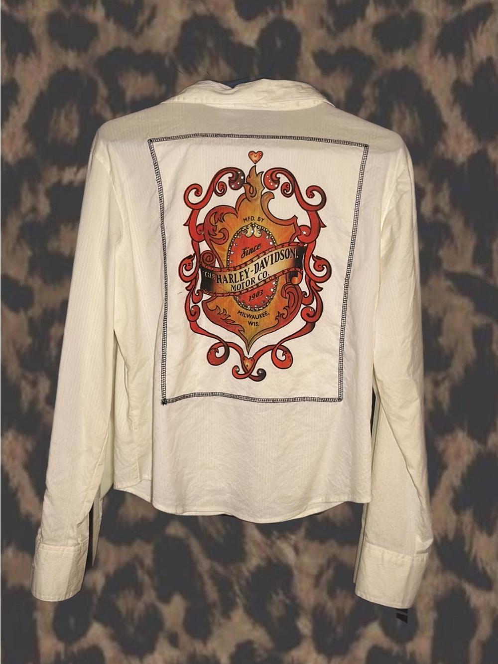 Harley-Davidson White Button-Down Shirt with Red and Orange Back Emblem